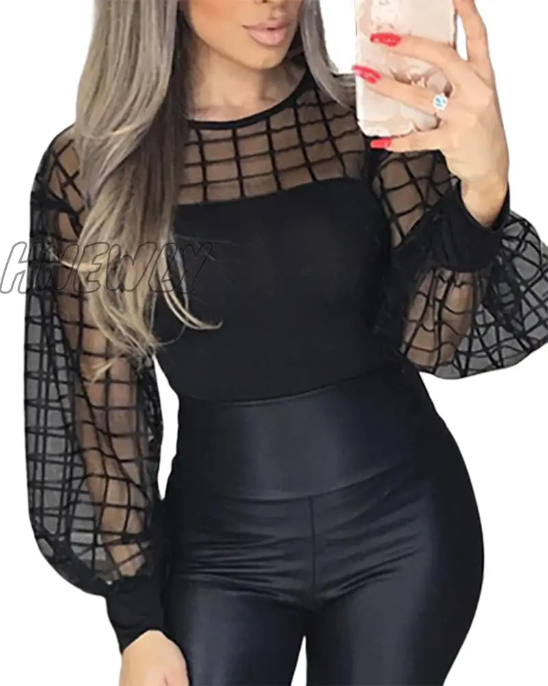 Hnewly Women Fashion Black Patchwork Sheer Shirt Female Long Sleeve Top Oversize Brief Sheer Grid