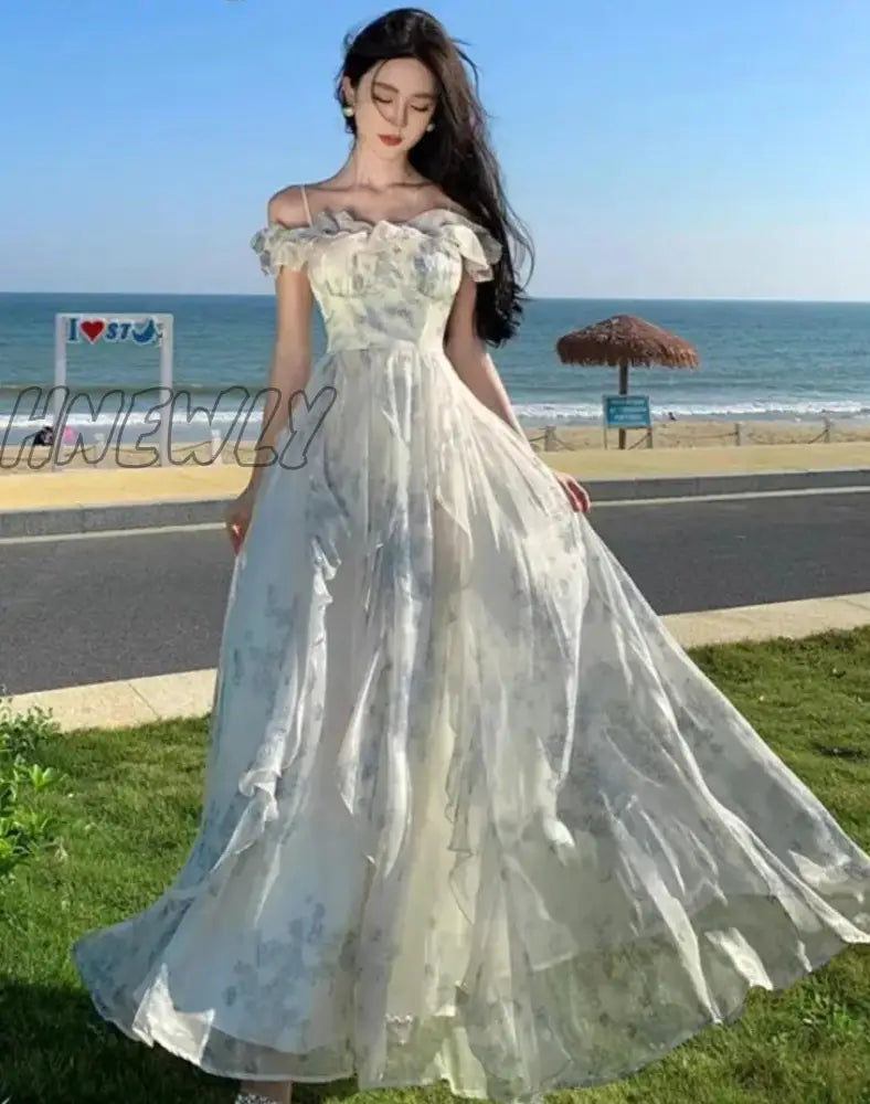 Hnewly Women Fashion Bohemian Print Long Dresses France Elegant Ruffles Strap Beach Holiday