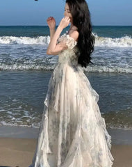 Hnewly Women Fashion Bohemian Print Long Dresses France Elegant Ruffles Strap Beach Holiday