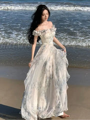 Hnewly Women Fashion Bohemian Print Long Dresses France Elegant Ruffles Strap Beach Holiday Vestidos Korean One Piece A-Line Robe