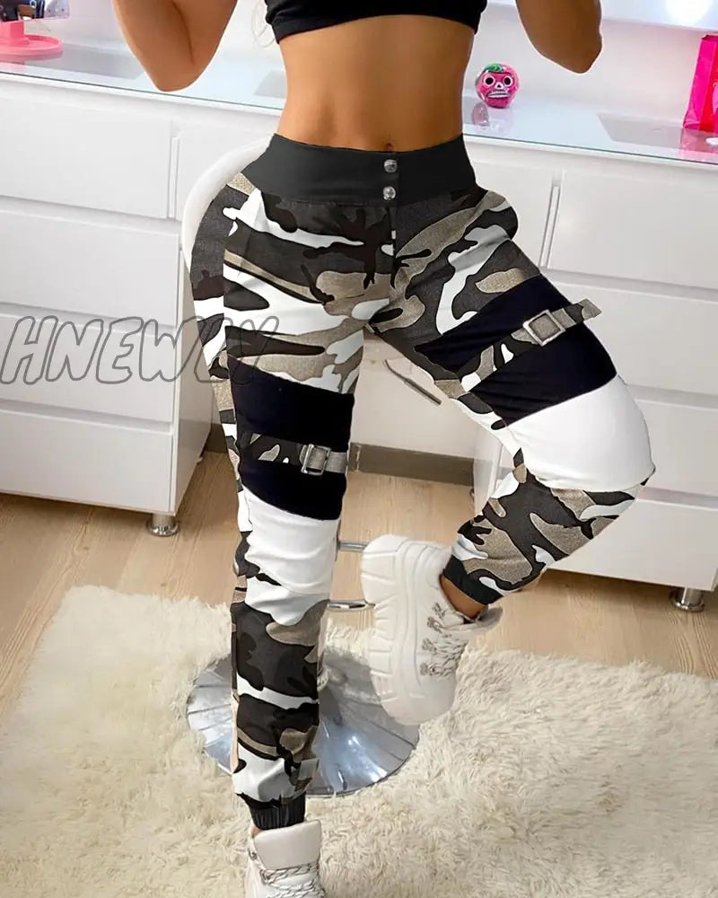 Hnewly Women Fashion Casual Camouflage Print Pants Trousers Cargo Autumn Edgy Style