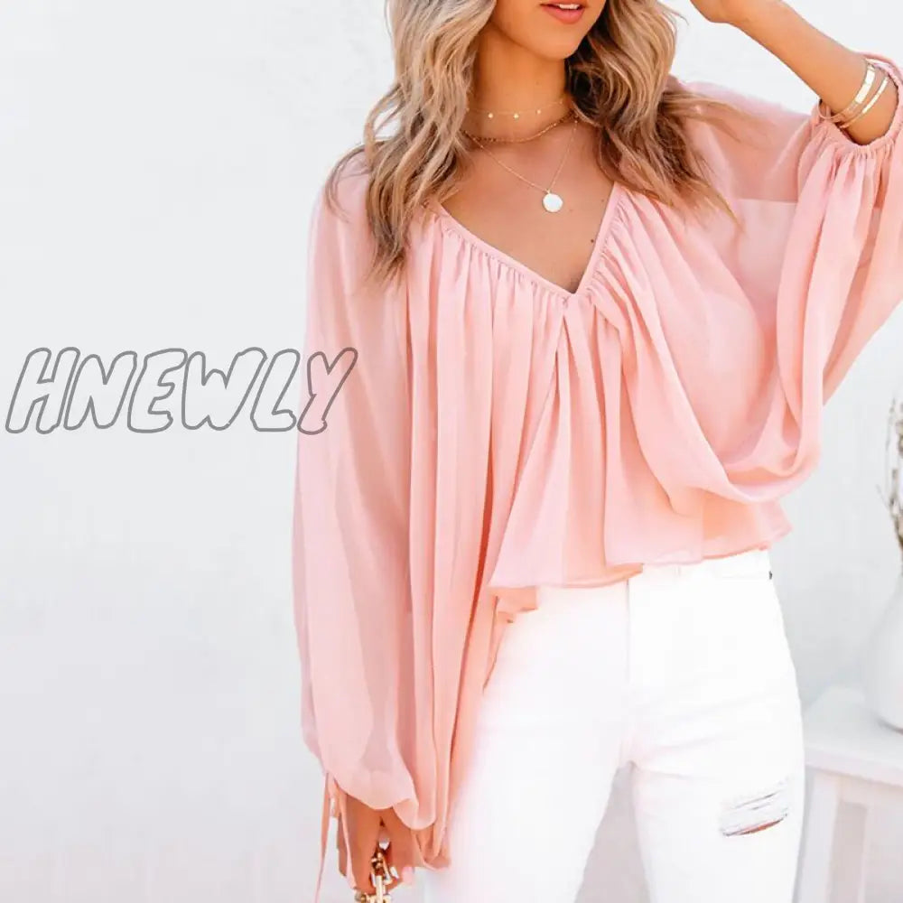 Hnewly Women Fashion Casual Long Sleeve Loose Fit Blouse V Neck Batwing Backless Sexy Tops Spring