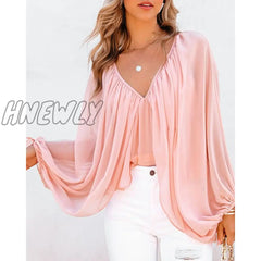 Hnewly Women Fashion Casual Long Sleeve Loose Fit Blouse V Neck Batwing Backless Sexy Tops Spring