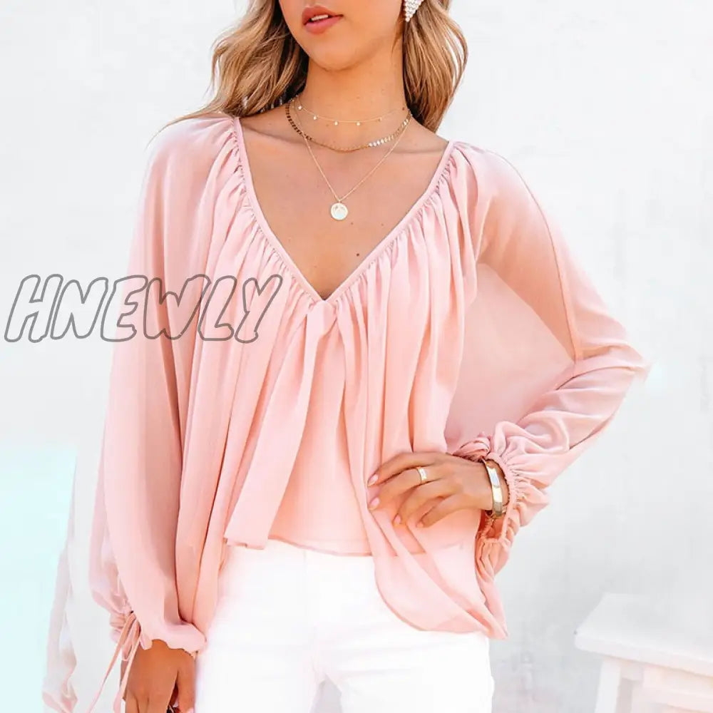 Hnewly Women Fashion Casual Long Sleeve Loose Fit Blouse V Neck Batwing Backless Sexy Tops Spring