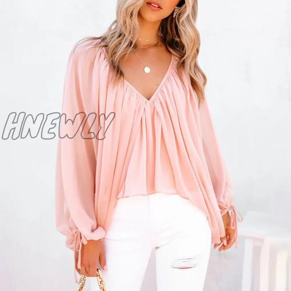 Hnewly Women Fashion Casual Long Sleeve Loose Fit Blouse V Neck Batwing Backless Sexy Tops Spring