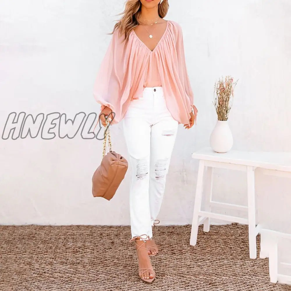 Hnewly Women Fashion Casual Long Sleeve Loose Fit Blouse V Neck Batwing Backless Sexy Tops Spring