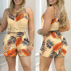 Hnewly Women Fashion Casual Two-Piece Set Suits Wear Female Print Spaghetti Strap Top & Shorts