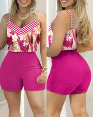 Hnewly Women Fashion Casual Two-Piece Set Suits Wear Female Print Spaghetti Strap Top & Shorts