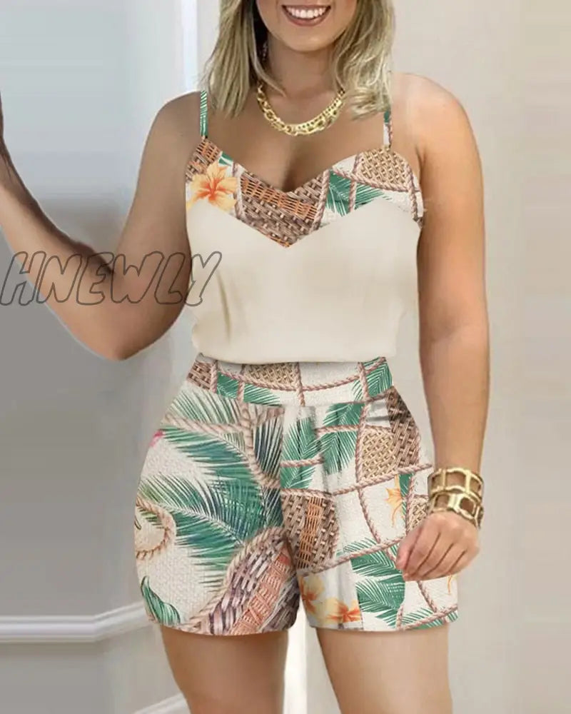 Hnewly Women Fashion Casual Two-Piece Set Suits Wear Female Print Spaghetti Strap Top & Shorts