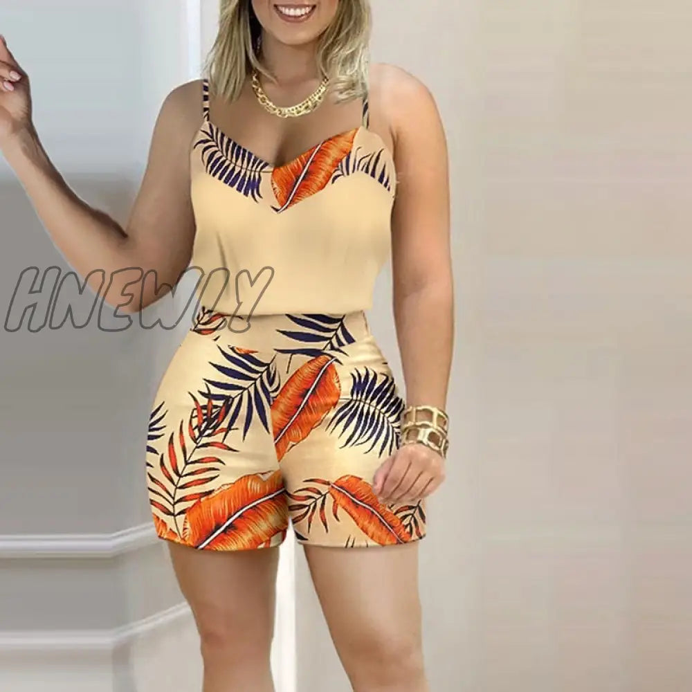 Hnewly Women Fashion Casual Two-Piece Set Suits Wear Female Print Spaghetti Strap Top & Shorts