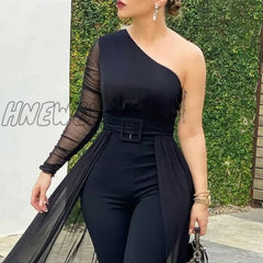 Hnewly Women Fashion Elegant Long Sleeve Partywear Jumpsuits Formal Party Romper Sheer Mesh Slinky