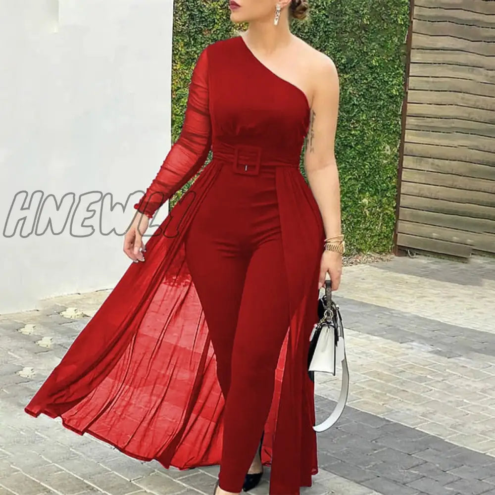 Hnewly Women Fashion Elegant Long Sleeve Partywear Jumpsuits Formal Party Romper Sheer Mesh Slinky