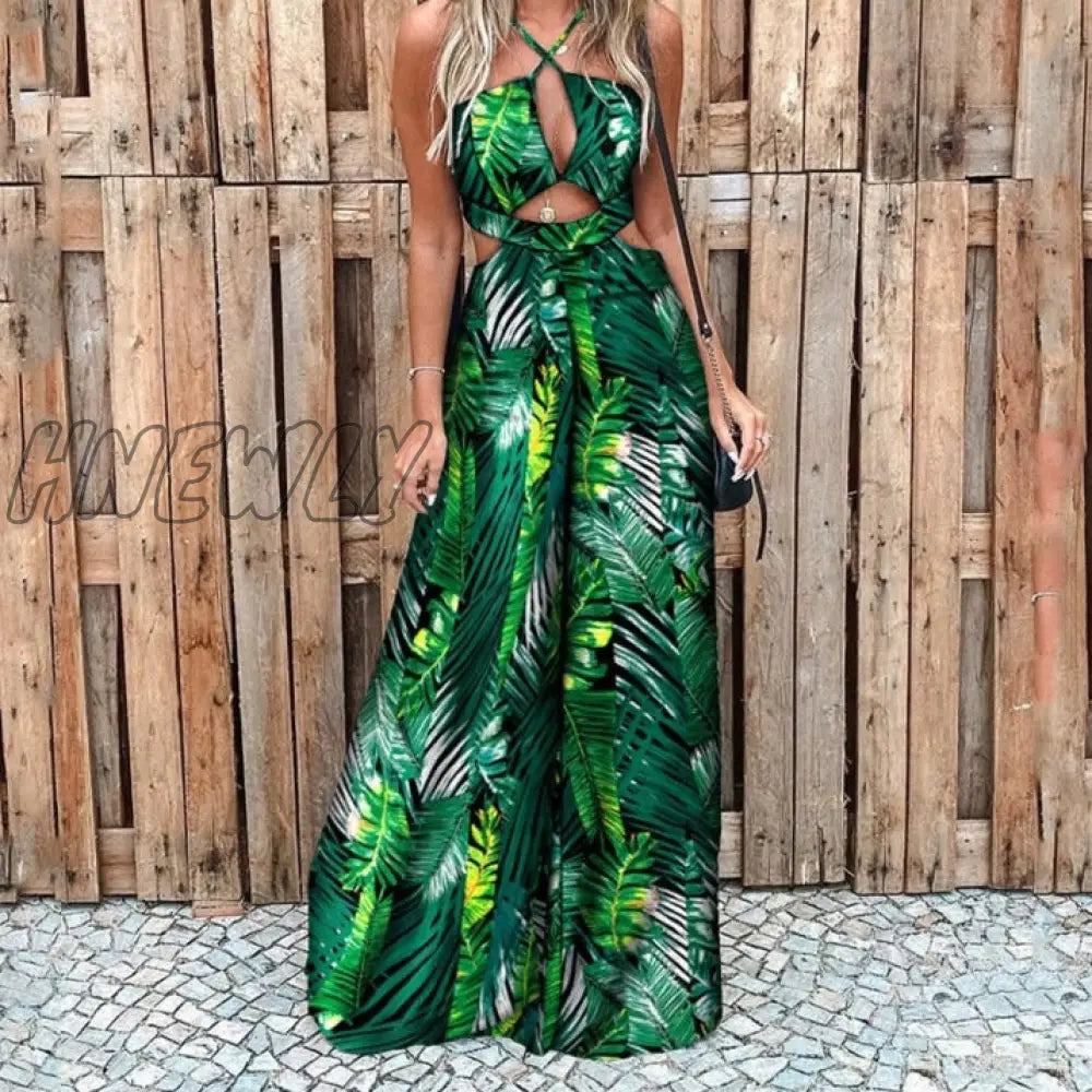 Hnewly Women Fashion Elegant Sleeveless Partywear Jumpsuits Formal Party Romper Leaf Print Cut-Out