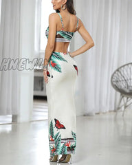 Hnewly Women Fashion Floral High Slit Maxi Dress Party Spaghetti Strap Tropical Print Cutout Trendy