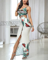 Hnewly Women Fashion Floral High Slit Maxi Dress Party Spaghetti Strap Tropical Print Cutout Trendy