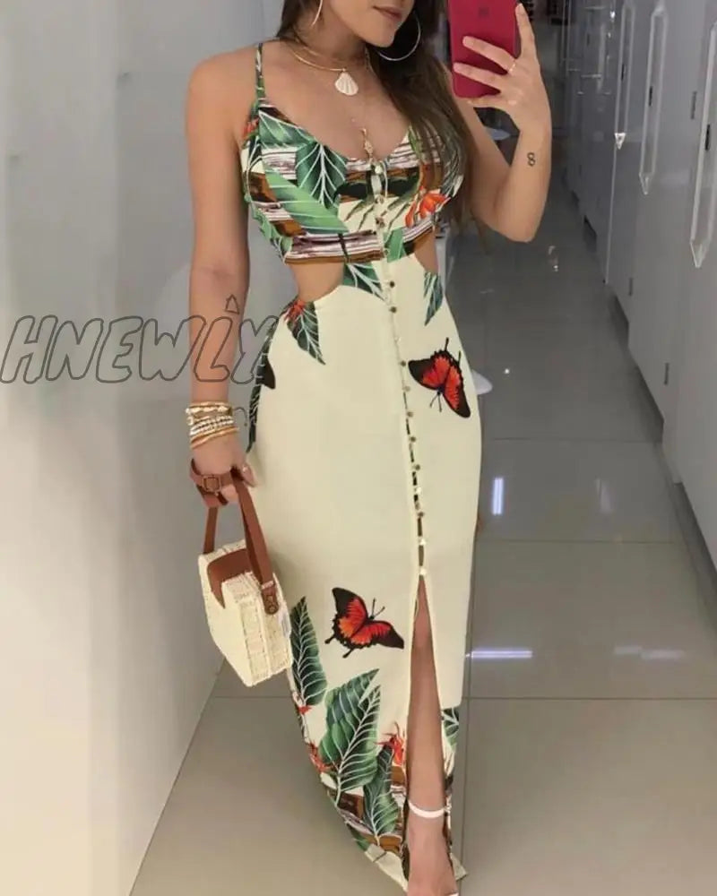 Hnewly Women Fashion Floral High Slit Maxi Dress Party Spaghetti Strap Tropical Print Cutout Trendy