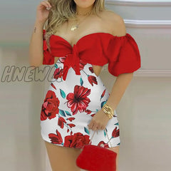 Hnewly Women Fashion Off Shoulder Party Mini Romper Female Floral Print Playsuit Knotted Skorts