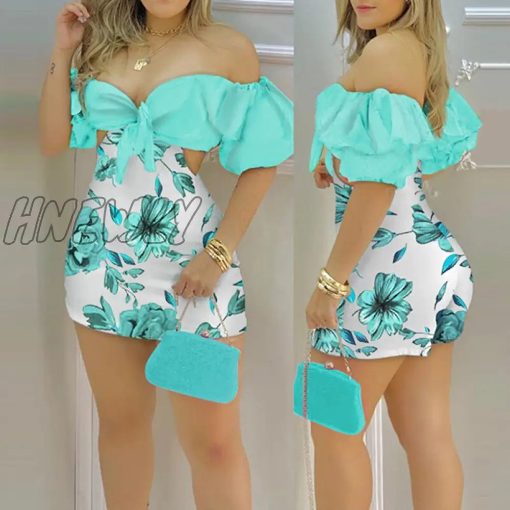 Hnewly Women Fashion Off Shoulder Party Mini Romper Female Floral Print Playsuit Knotted Skorts