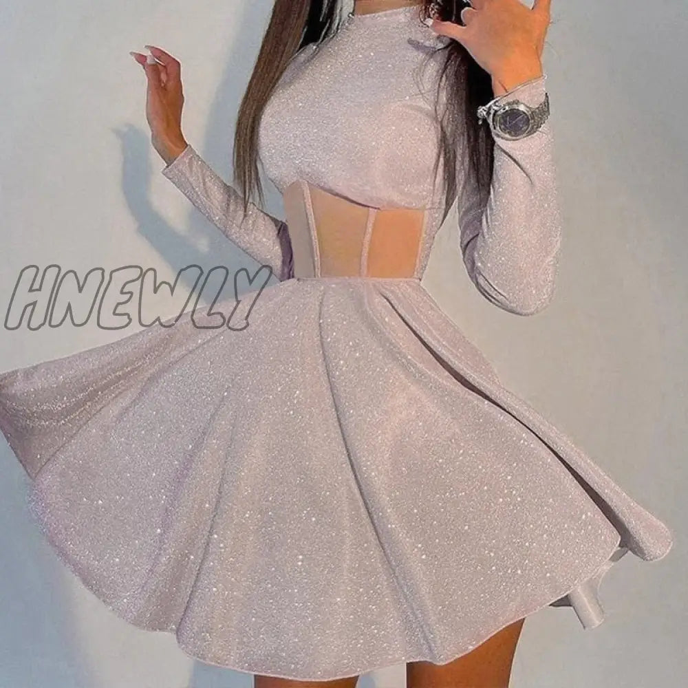 Hnewly Women Fashion Pleated Ruffle Party Dress Sexy Shiny Bright Glitter Club Elegant Waist Hollow