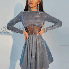 Hnewly Women Fashion Pleated Ruffle Party Dress Sexy Shiny Bright Glitter Club Elegant Waist Hollow