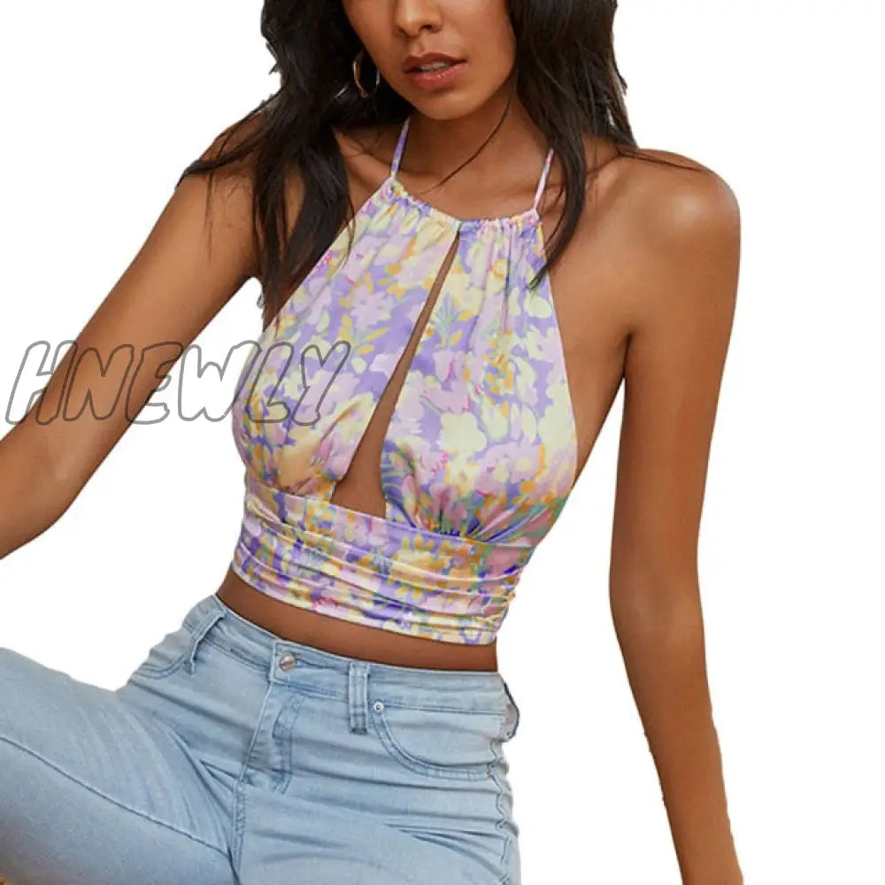 Hnewly Women Fashion Sexy Halter Backless Floral Print Tank Tops Summer Female Casual Sleeveless