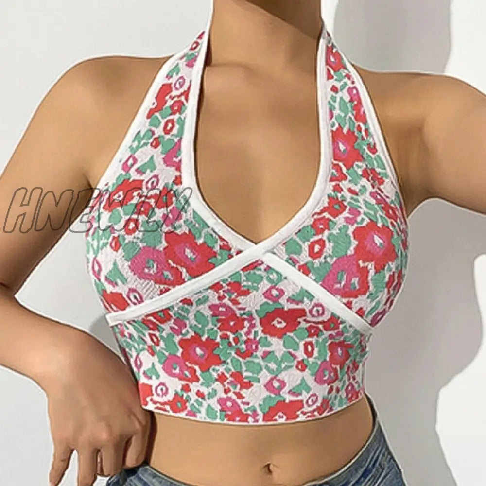 Hnewly Women Fashion Sexy Halter Backless Floral Print Tank Tops Summer Female Casual Sleeveless