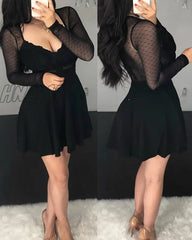 Hnewly Women Fashion Sexy V Neck Black Party Club Dot Mesh Dress Long Sleeve Mini Trendy Summer Fits