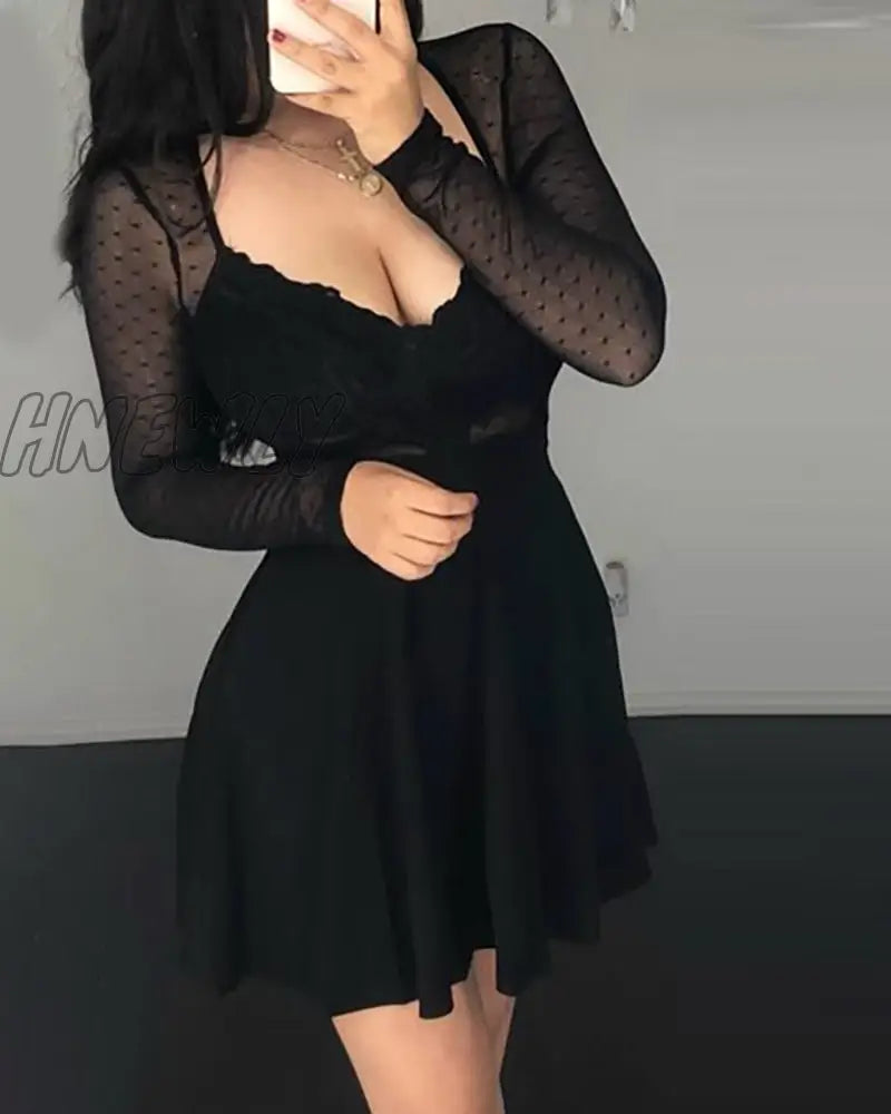 Hnewly Women Fashion Sexy V Neck Black Party Club Dot Mesh Dress Long Sleeve Mini Trendy Summer Fits