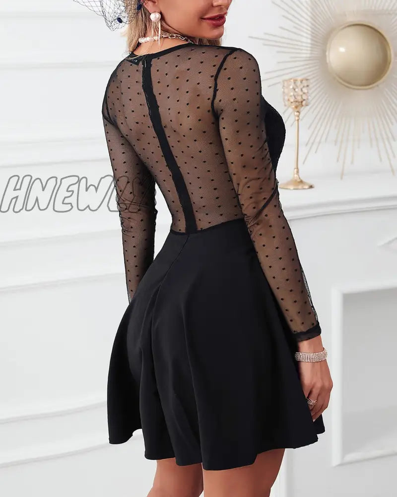 Hnewly Women Fashion Sexy V Neck Black Party Club Dot Mesh Dress Long Sleeve Mini Trendy Summer Fits