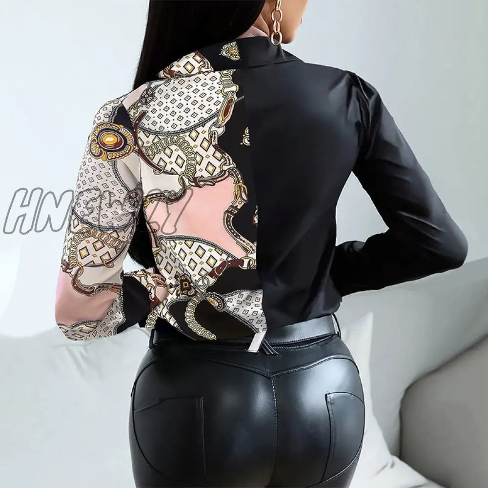 Hnewly Women Fashion Shirt Lady Long Sleeve Blouse Turn-Down Collarbutton Design Print Casual