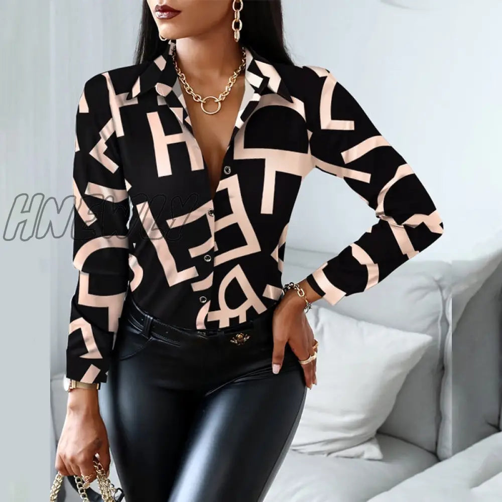 Hnewly Women Fashion Shirt Lady Long Sleeve Blouse Turn-Down Collarbutton Design Print Casual