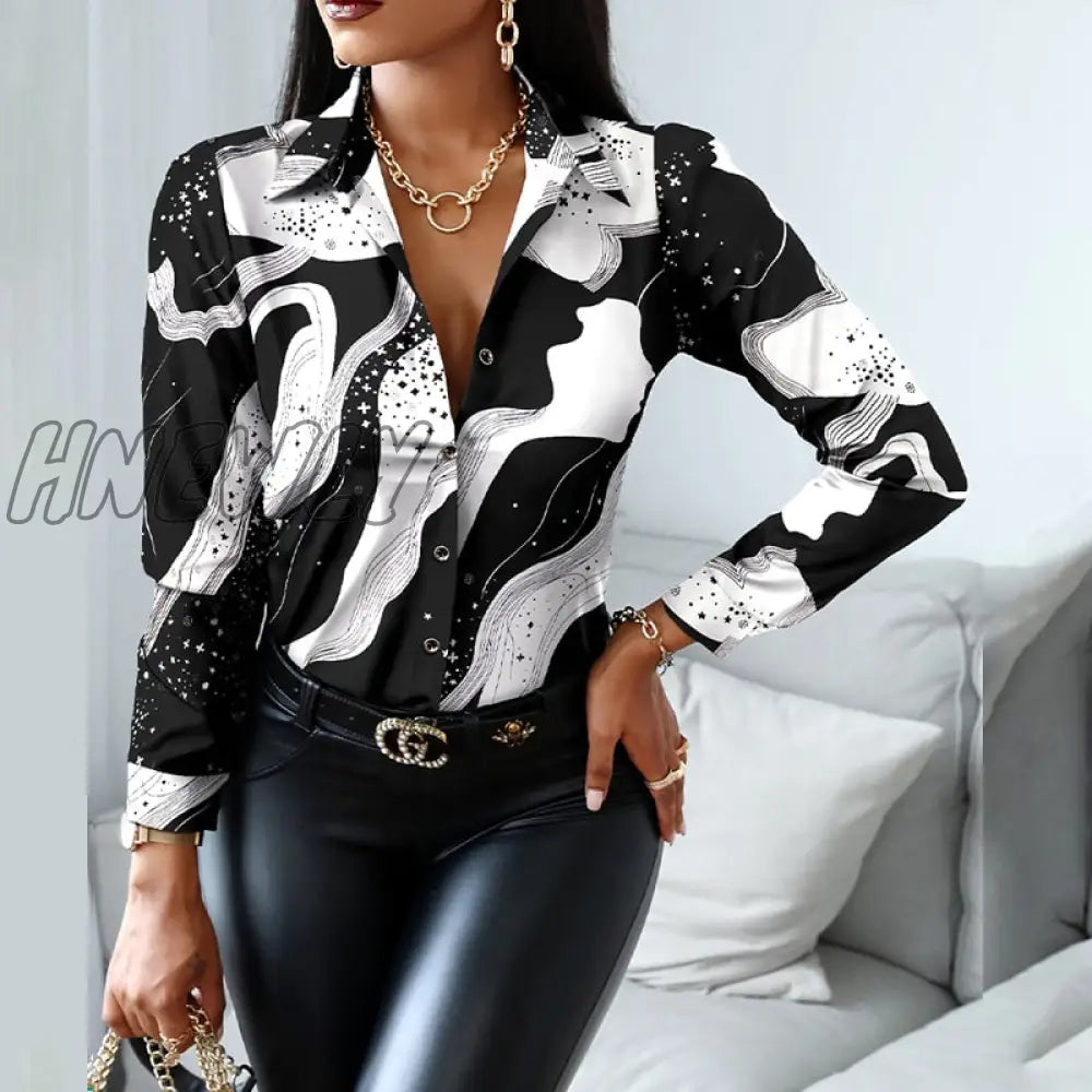 Hnewly Women Fashion Shirt Lady Long Sleeve Blouse Turn-Down Collarbutton Design Print Casual