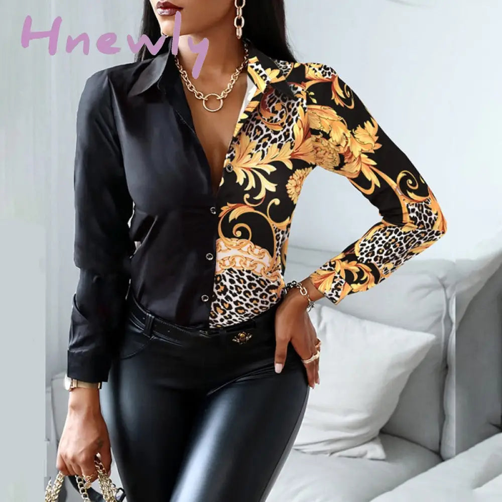 Hnewly Women Fashion Shirt Lady Long Sleeve Blouse Turn-Down Collarbutton Design Print Casual