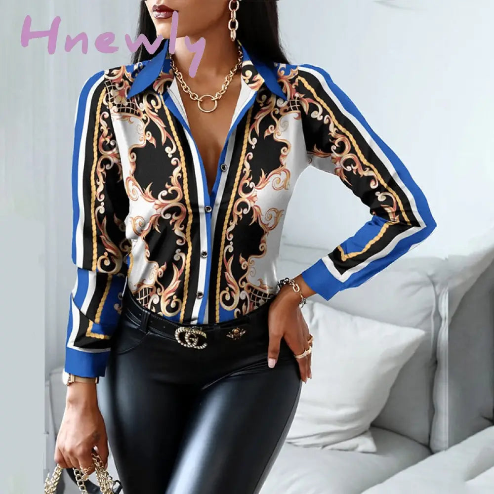 Hnewly Women Fashion Shirt Lady Long Sleeve Blouse Turn-Down Collarbutton Design Print Casual