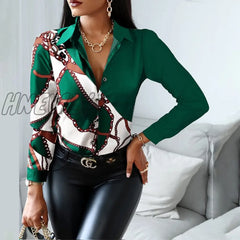 Hnewly Women Fashion Shirt Lady Long Sleeve Blouse Turn-Down Collarbutton Design Print Casual