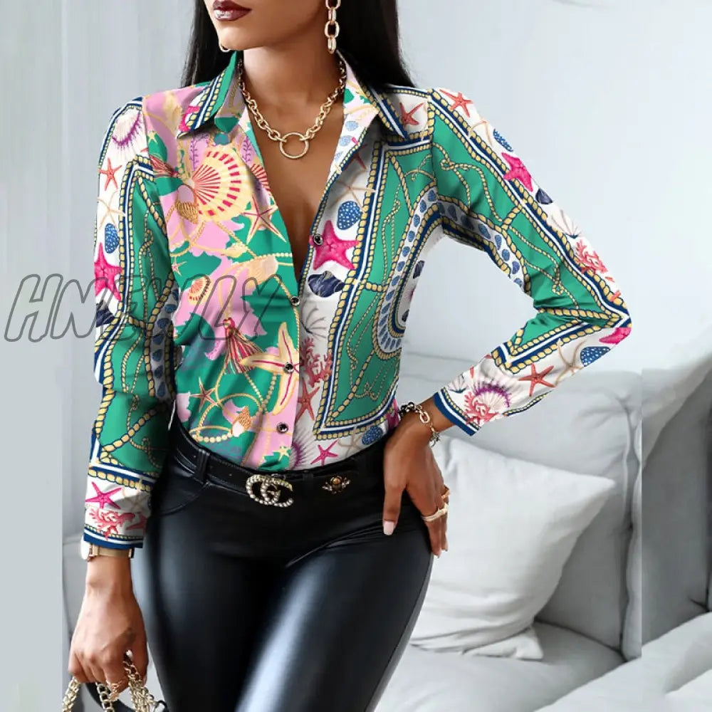 Hnewly Women Fashion Shirt Lady Long Sleeve Blouse Turn-Down Collarbutton Design Print Casual