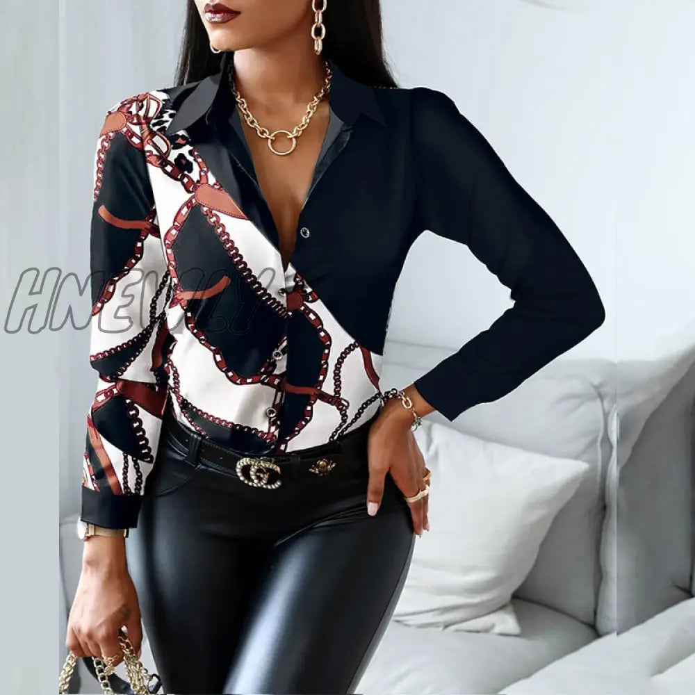 Hnewly Women Fashion Shirt Lady Long Sleeve Blouse Turn-Down Collarbutton Design Print Casual