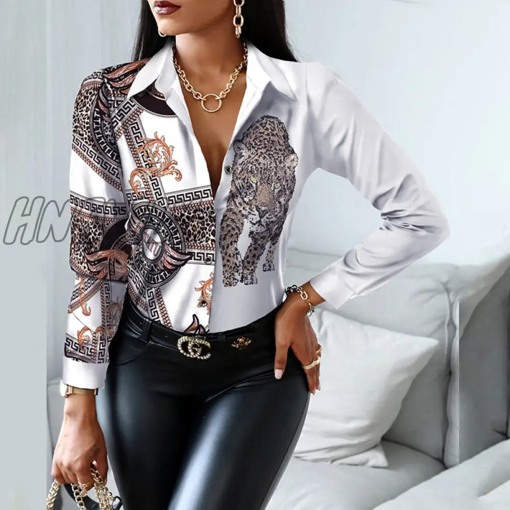 Hnewly Women Fashion Shirt Lady Long Sleeve Blouse Turn-Down Collarbutton Design Print Casual