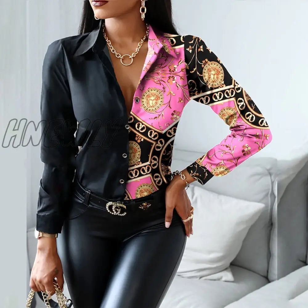 Hnewly Women Fashion Shirt Lady Long Sleeve Blouse Turn-Down Collarbutton Design Print Casual