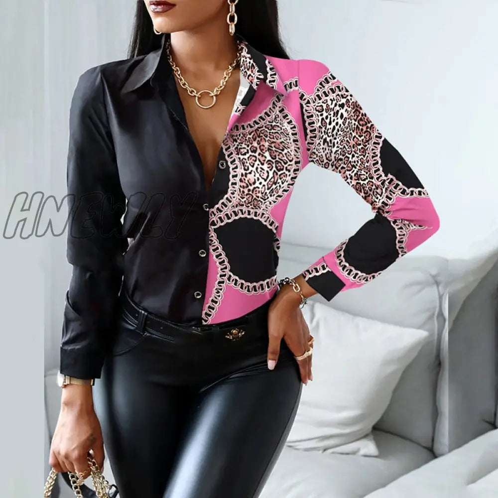 Hnewly Women Fashion Shirt Lady Long Sleeve Blouse Turn-Down Collarbutton Design Print Casual