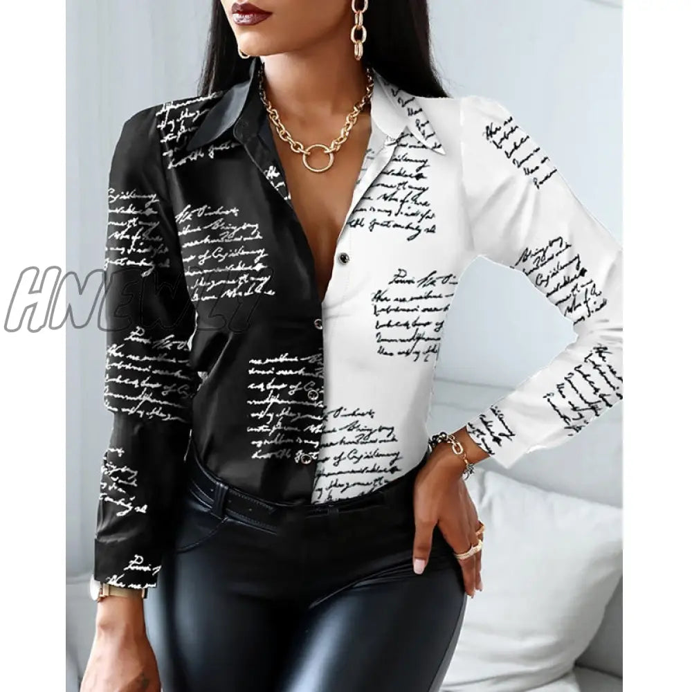 Hnewly Women Fashion Shirt Lady Long Sleeve Blouse Turn-Down Collarbutton Design Print Casual