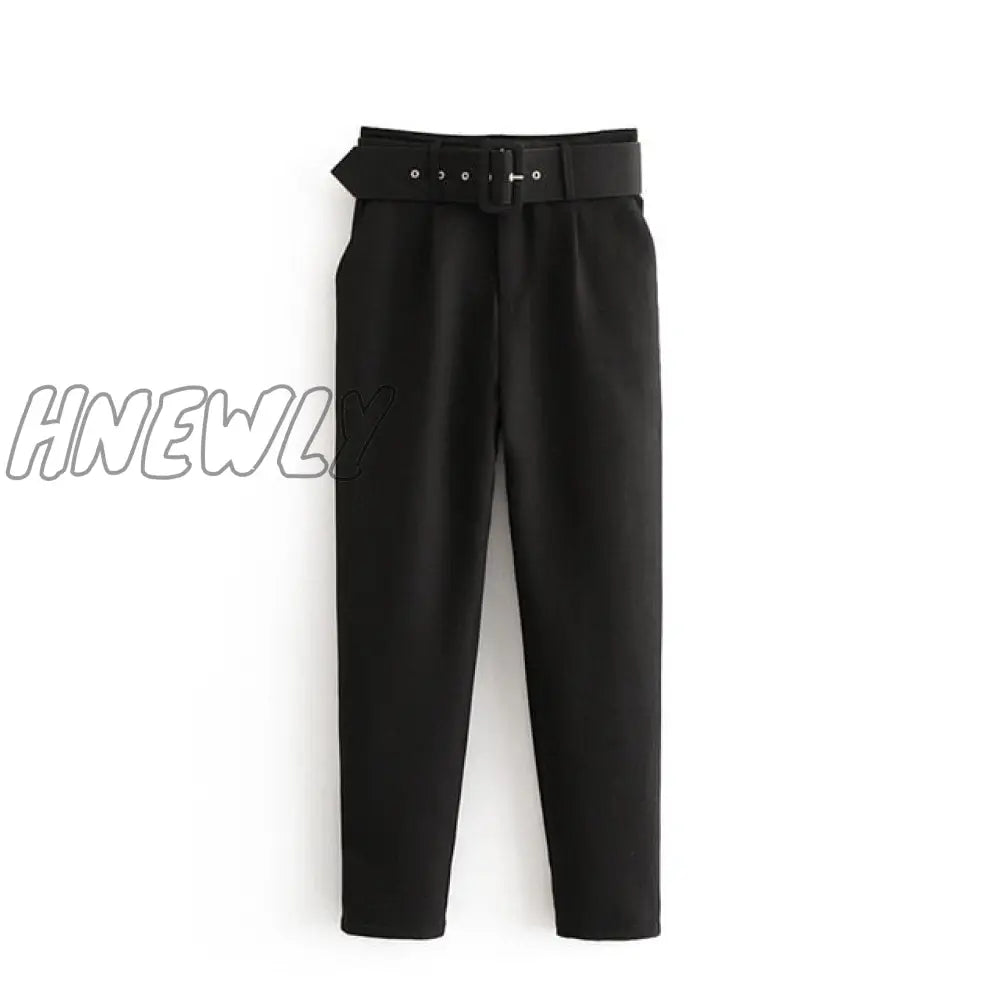 Hnewly Women Fashion Solid Color Sashes Casual Slim Pants Chic Business Trousers Female Fake Zipper