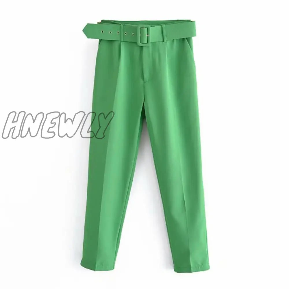 Hnewly Women Fashion Solid Color Sashes Casual Slim Pants Chic Business Trousers Female Fake Zipper