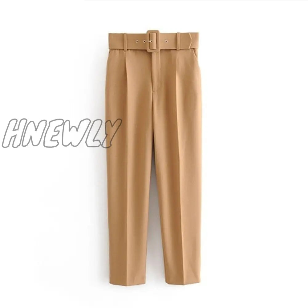 Hnewly Women Fashion Solid Color Sashes Casual Slim Pants Chic Business Trousers Female Fake Zipper