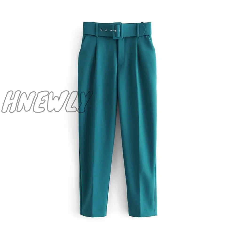 Hnewly Women Fashion Solid Color Sashes Casual Slim Pants Chic Business Trousers Female Fake Zipper