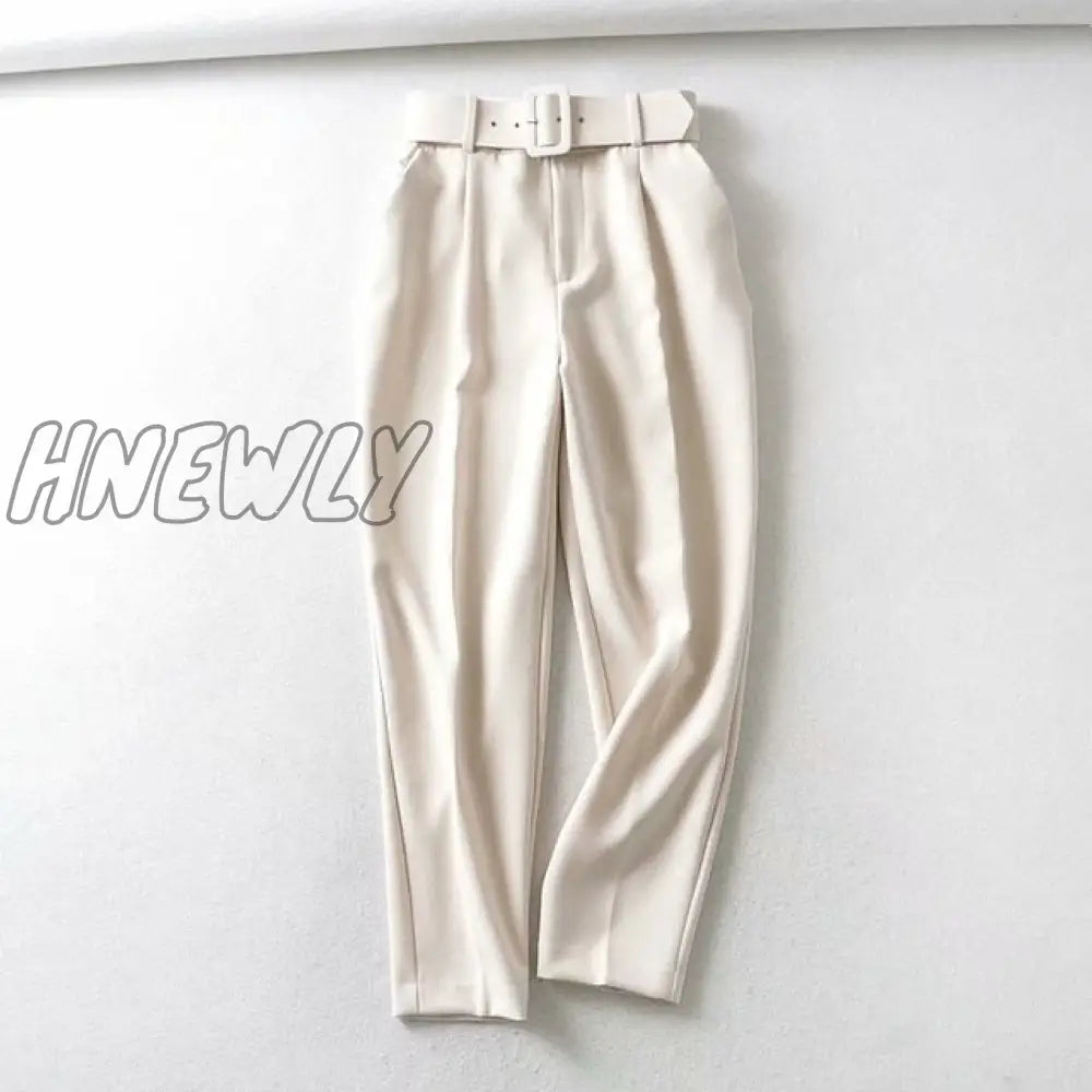 Hnewly Women Fashion Solid Color Sashes Casual Slim Pants Chic Business Trousers Female Fake Zipper