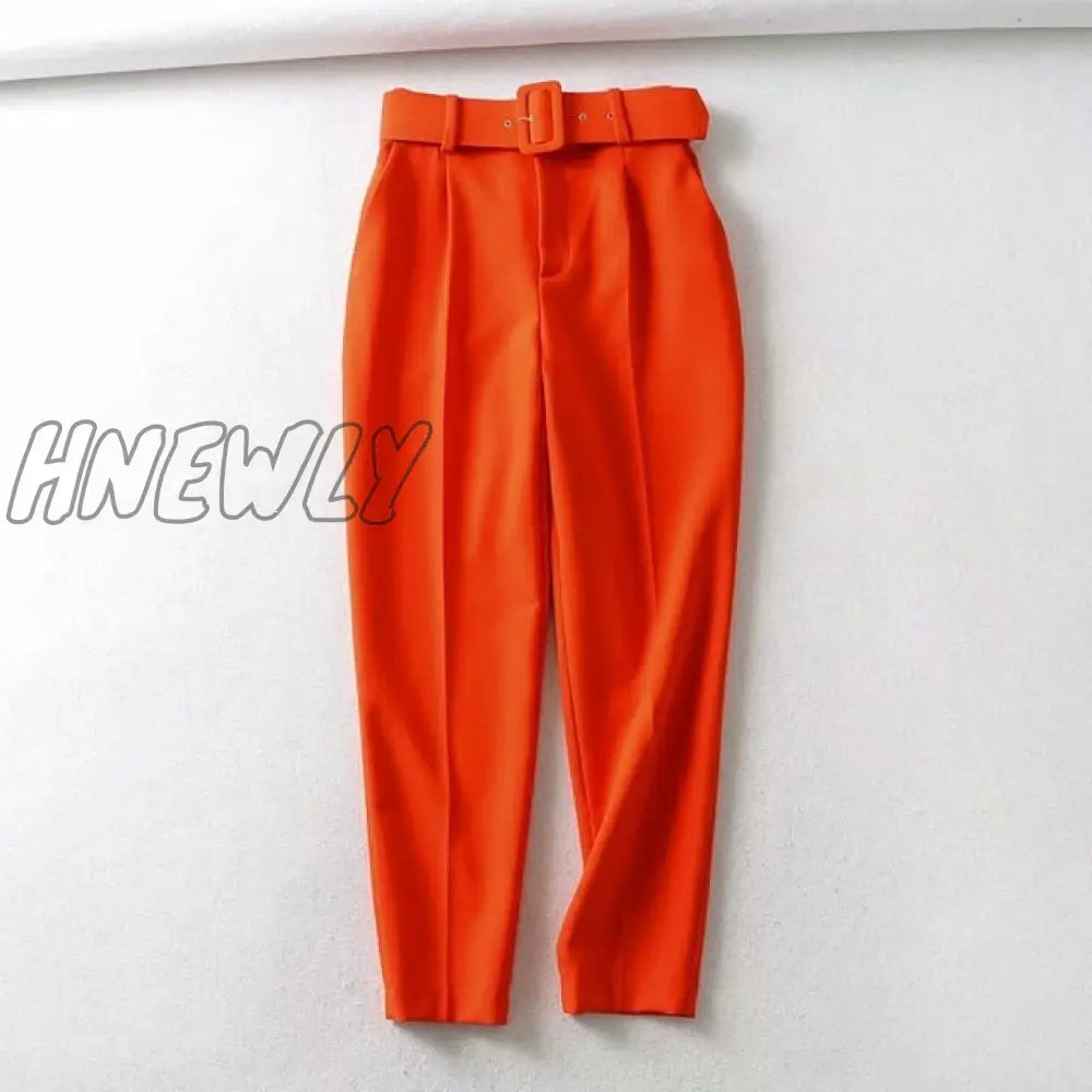 Hnewly Women Fashion Solid Color Sashes Casual Slim Pants Chic Business Trousers Female Fake Zipper