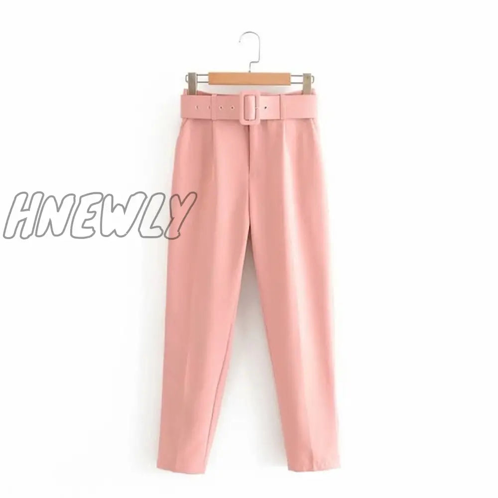 Hnewly Women Fashion Solid Color Sashes Casual Slim Pants Chic Business Trousers Female Fake Zipper