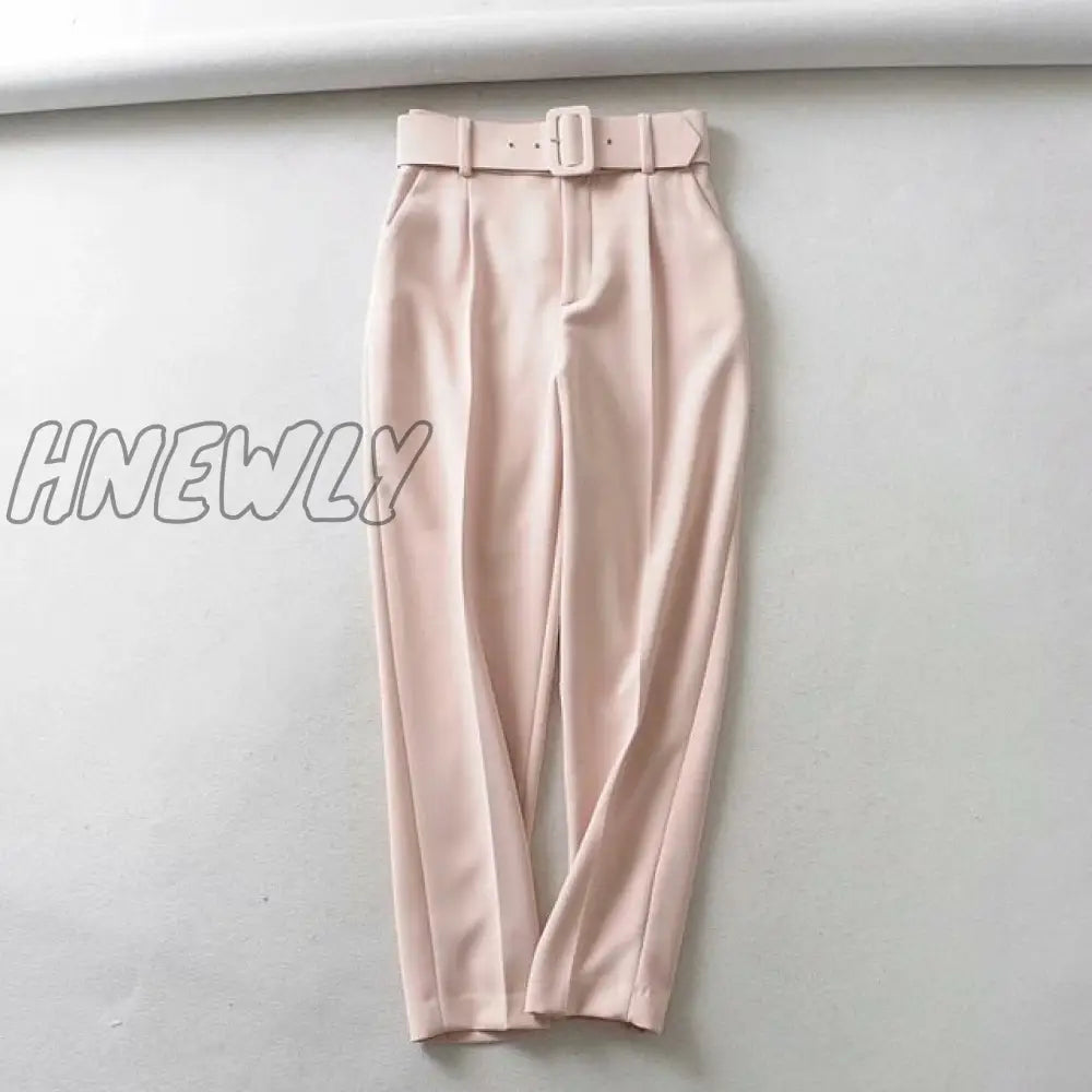 Hnewly Women Fashion Solid Color Sashes Casual Slim Pants Chic Business Trousers Female Fake Zipper