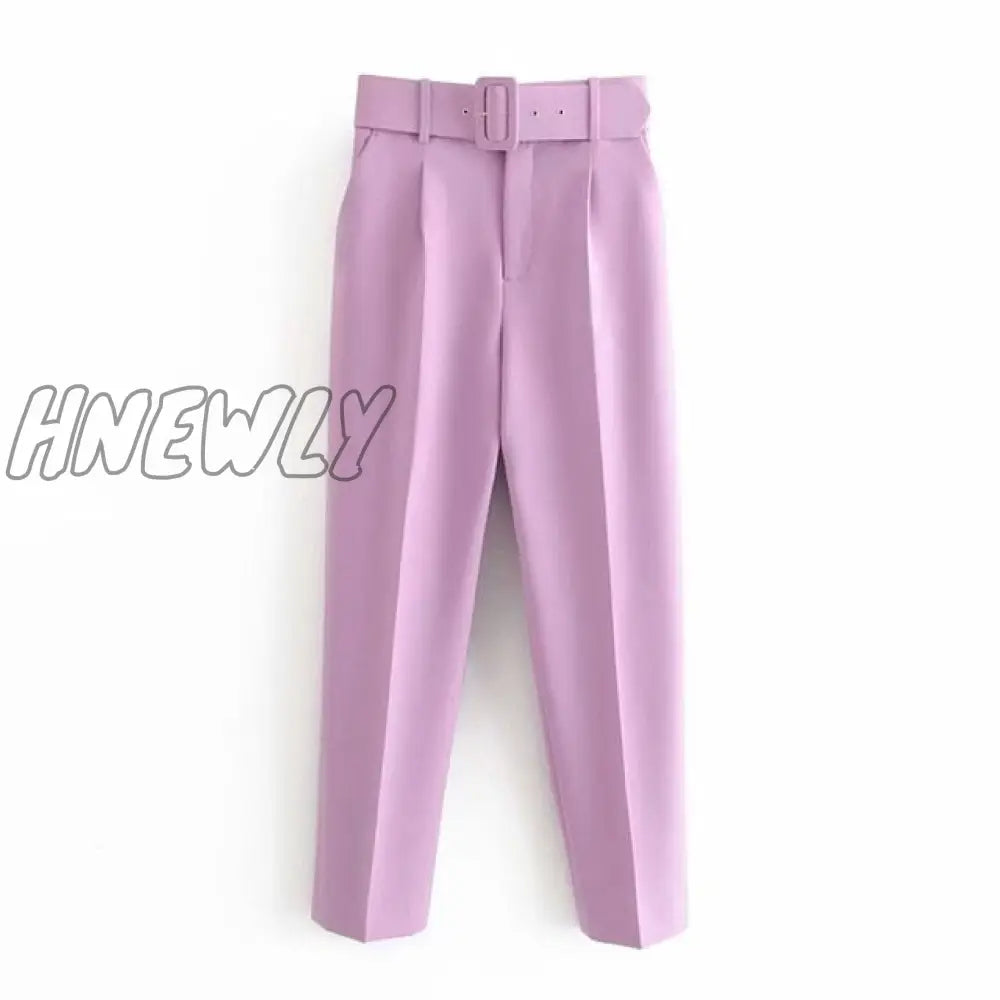 Hnewly Women Fashion Solid Color Sashes Casual Slim Pants Chic Business Trousers Female Fake Zipper